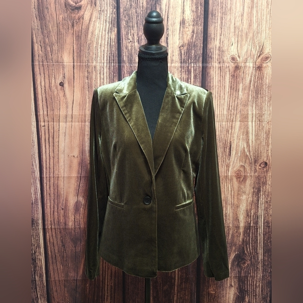Molly Bracken Olive Green Velvet Blazer With Paded Shoulders Womens Size Medium!
